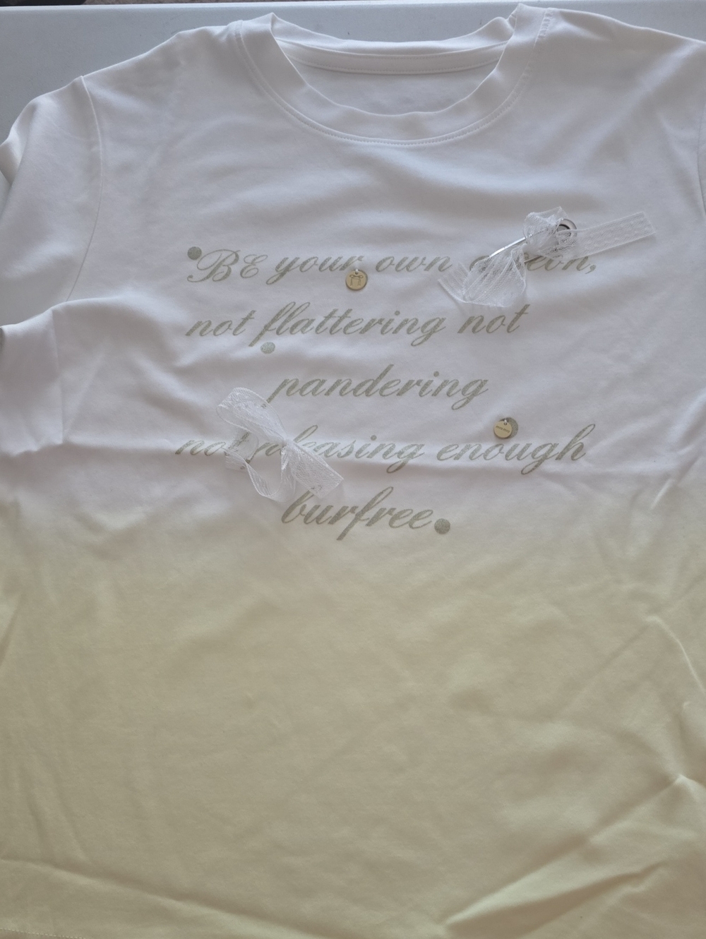 White Short Sleeve Graphic Tee with Script and Ribbon Details
